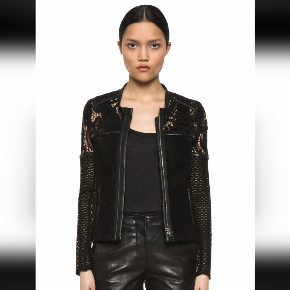 💋DESIGNER Iro Lewis💋. Black Leather and Lace Crochet Jacket Size XS Blazer - Picture 7 of 11